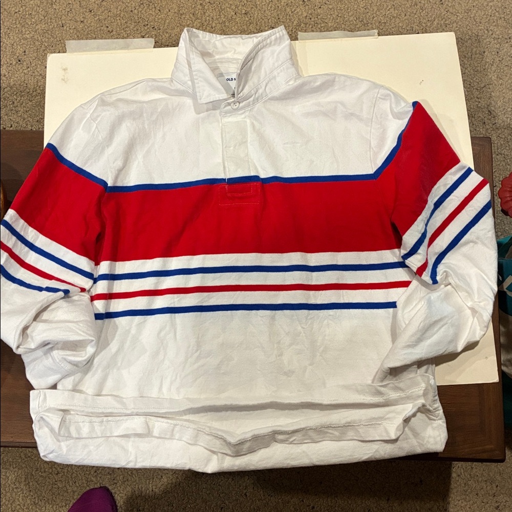 Old Navy Y2K Rugby Shirt Mens Navy Blue Red Striped Rubber Button Cotton Y2K